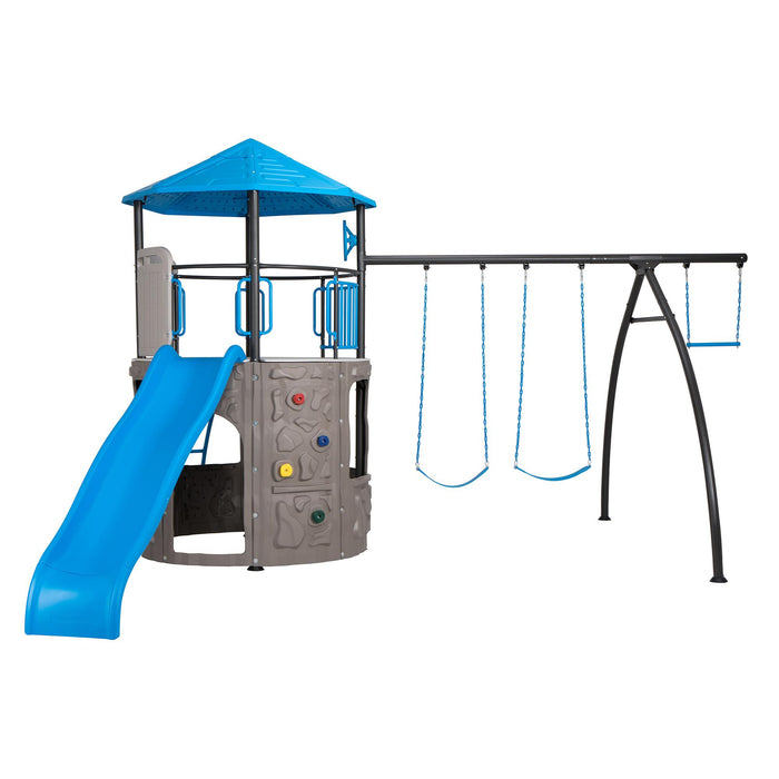 Lifetime Adventure Tower Playset with a blue slide and swing set on a white background.