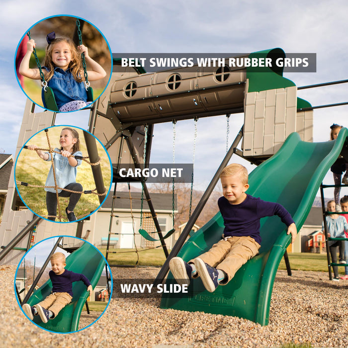 Overview of the Lifetime Adventure Tunnel Playset highlighting detailed features like belt swings, cargo net, and wavy slide.