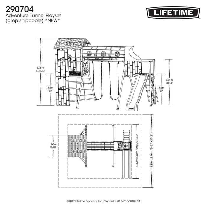 Dimensioned line drawing of the Lifetime Adventure Tunnel Playset showing height, width, and depth measurements.
