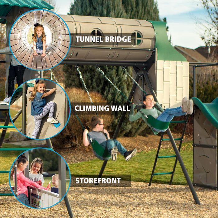 Highlighted activity zones of the Lifetime Adventure Tunnel Playset with tunnel bridge, climbing wall, storefront, and swings.