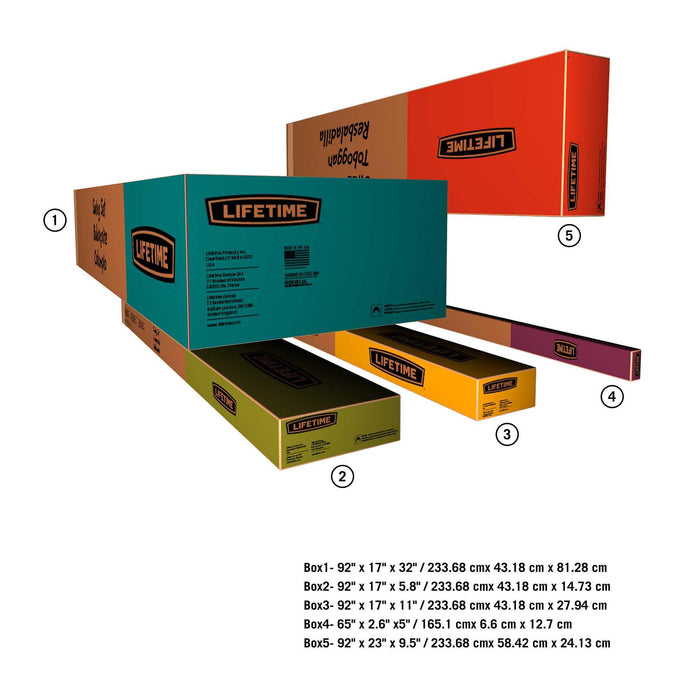 An array of labeled packaging boxes for the Lifetime Adventure Tunnel Playset, with dimensions provided for each box.