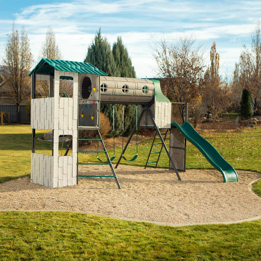 Lifetime Adventure Tunnel Playset installed in a natural setting with grass and trees in the background.