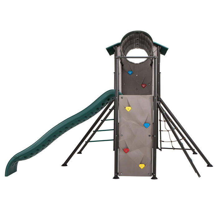 Side view of Lifetime Adventure Tunnel Playset showing the slide and climbing wall.