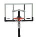 Close-up view of the Lifetime Crank Adjust Bolt Down Basketball Hoop's backboard, showcasing the tempered glass and red rim.