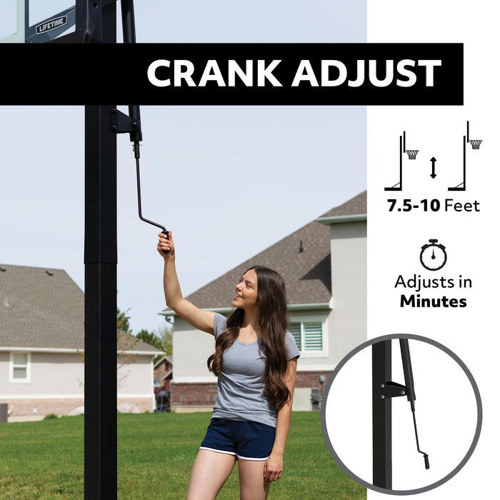 A person adjusting the height of the Lifetime Basketball Hoop using the crank adjust system, demonstrating the range from 7.5 to 10 feet.