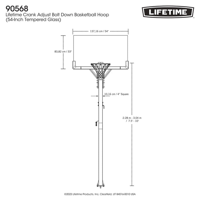 Technical line art illustration showing the dimensions and design features of the Lifetime Crank Adjust Bolt Down Basketball Hoop.