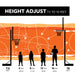 Informative graphic showing the height adjustability of the Lifetime Basketball Hoop from 7.5 to 10 feet with silhouettes of different ages for scale.
