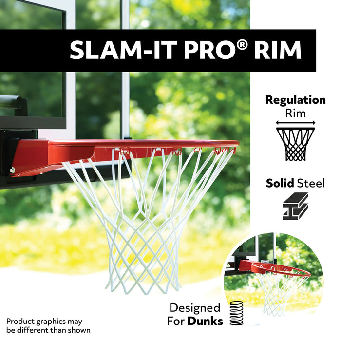 Close-up of the Slam-It Pro® rim of the Lifetime Basketball Hoop, emphasizing the regulation rim, solid steel construction, and design for dunks.