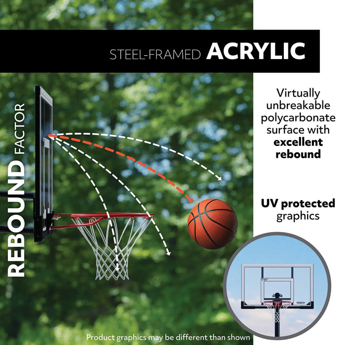 Detailed image highlighting the steel-framed acrylic backboard of the Lifetime Adjustable Basketball Hoop, illustrating the rebound factor with a basketball trajectory diagram.
