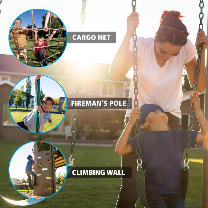 Lifetime 91080 playset display with cargo net, fireman's pole, and climbing wall in an outdoor setting.