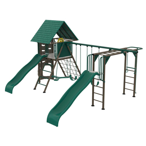 Lifetime Big Stuff 91080 model with dual slides, cargo net, and multiple activity stations.