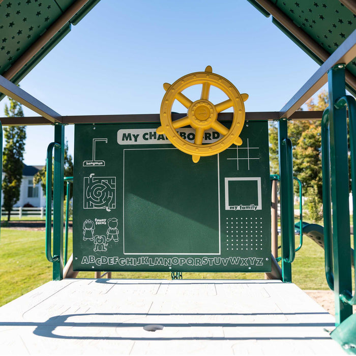 Close-up of the chalkboard and ship's wheel on the clubhouse section of the Lifetime 91080 playset.