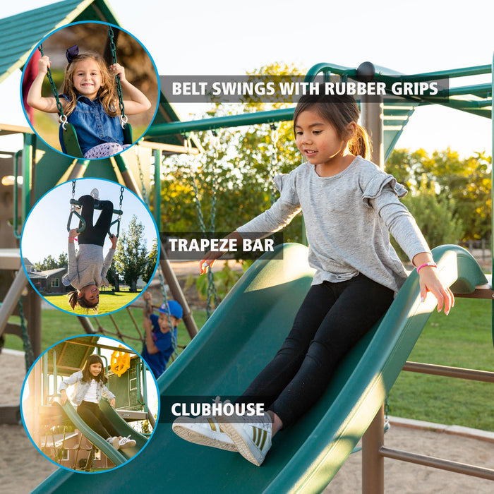 The 91080 model showcasing belt swings with rubber grips, a trapeze bar, and clubhouse with children interacting.