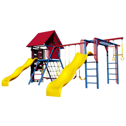  Product image of Lifetime Big Stuff Deluxe Swing Set with primary color scheme, displaying slides, swings, and climbing areas.
