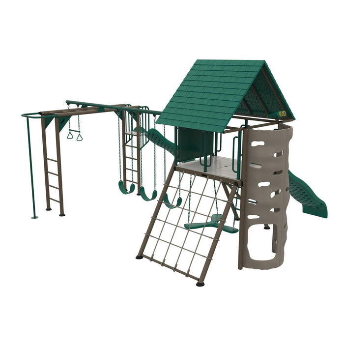 Full view of the Lifetime Big Stuff Deluxe Swing Set Playset featuring swings, slide, and climbing net.