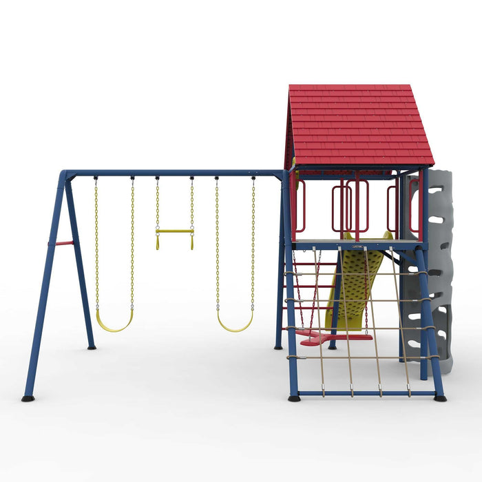 Rear view of the Lifetime Big Stuff Swing Set with climbing ladder, red roof, and swing set against a white background.