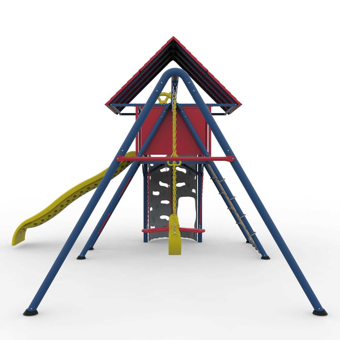 Side view of the Lifetime Big Stuff Swing Set with red roof, rock climbing wall, and yellow slide against a white background.