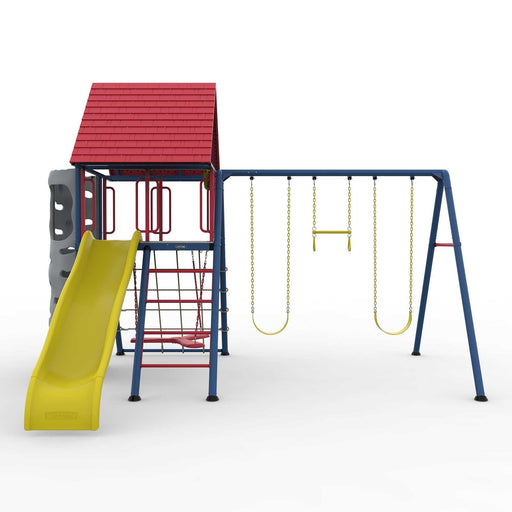Front view of the Lifetime Big Stuff Swing Set featuring a yellow slide and red roof against a white background.
