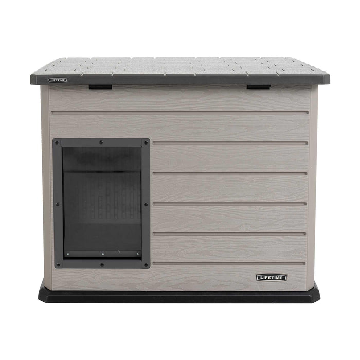 Front view of Lifetime Deluxe Large Dog House with SKU 60328 featuring a grey roof and vented side panels.