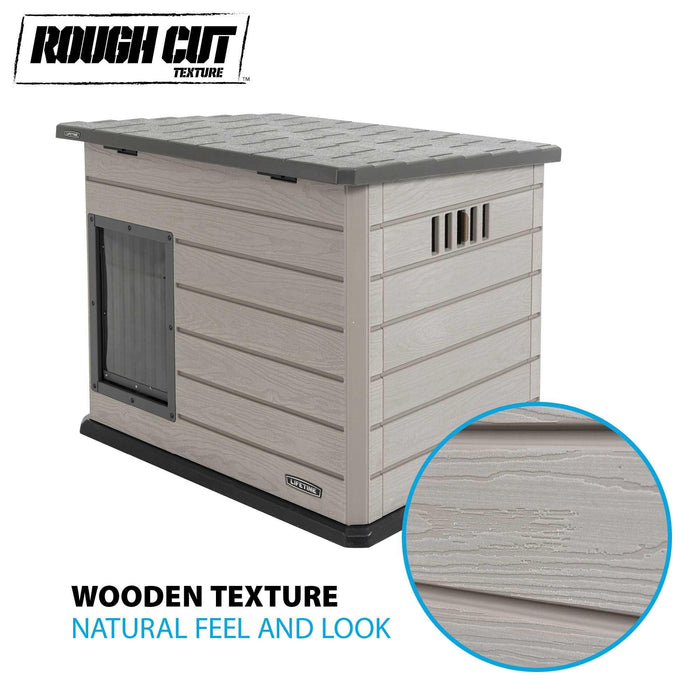 Detail of the rough cut texture on the Lifetime Deluxe Large Dog House, emphasizing the wood-like finish.