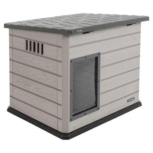 Front view of Lifetime Deluxe Large Dog House with SKU 60328 featuring a grey roof and vented side panels.