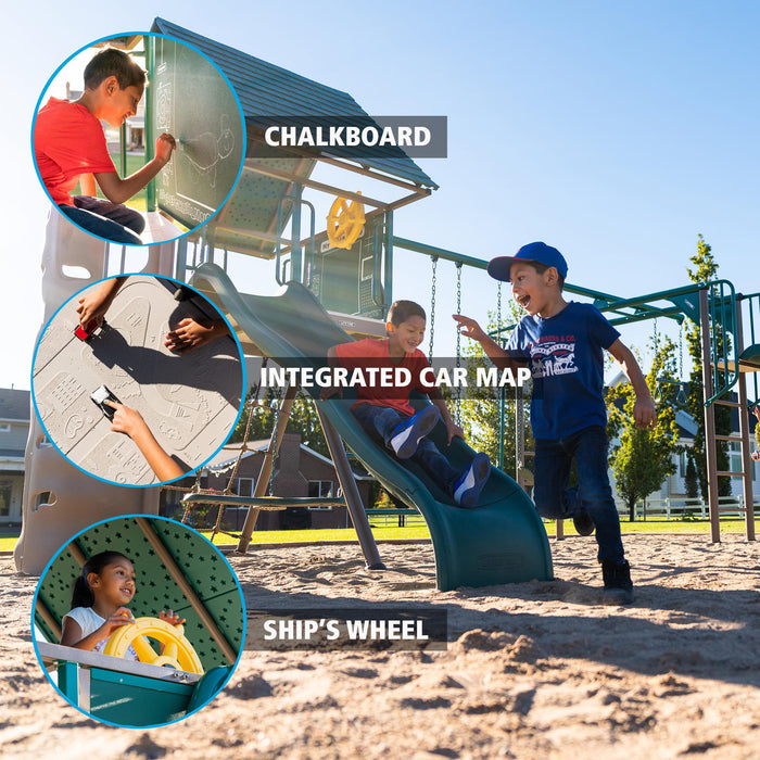 Lifetime Deluxe Swing Set 91080 featuring a chalkboard, integrated car map, and ship's wheel with children engaging in activities.