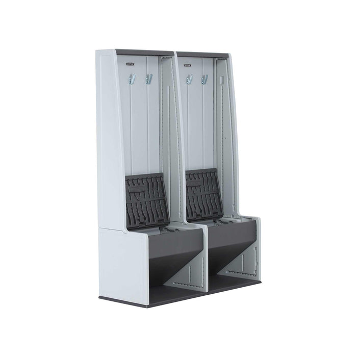Double vertical Lifetime storage locker in grey with bench seating.