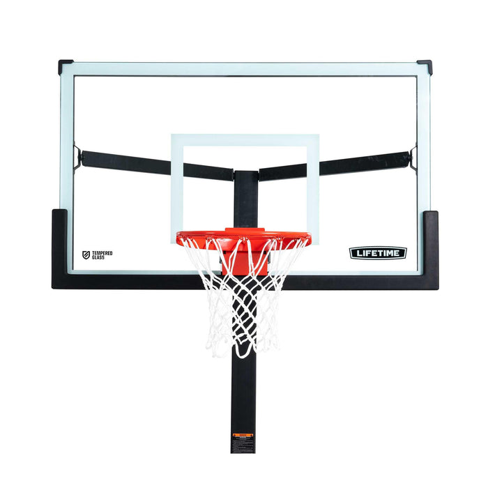 Close-up of the clear backboard and red hoop of the Lifetime Mammoth 60-Inch Basketball Hoop.