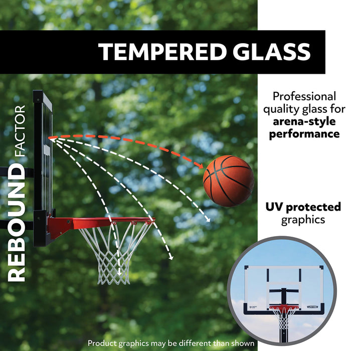 Illustration showing the rebound factor with a basketball trajectory on the Lifetime Mammoth Basketball Hoop.