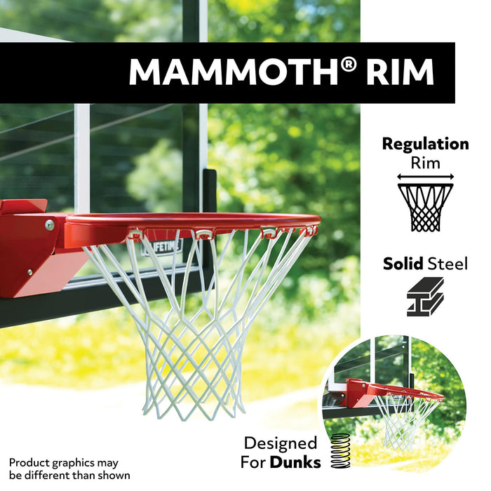Close-up view of the red Mammoth regulation rim and white net of the Lifetime basketball hoop.