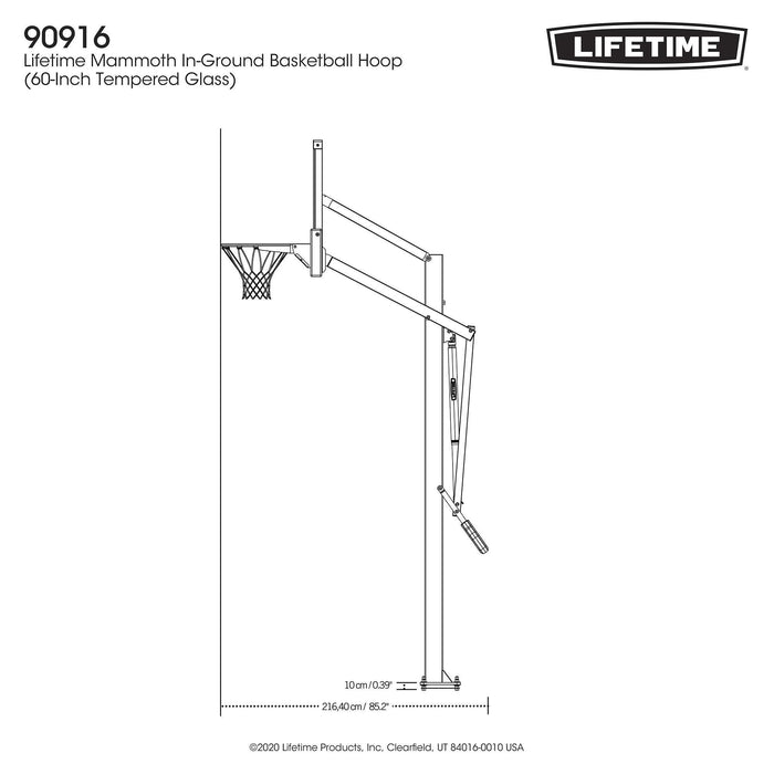 Technical drawing of the side view of the Lifetime Mammoth Bolt Down 60-Inch Basketball Hoop.