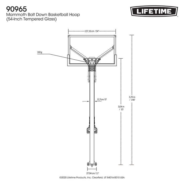 Technical drawing of the Lifetime Mammoth Bolt Down Basketball Hoop, showing front view with detailed dimensions.