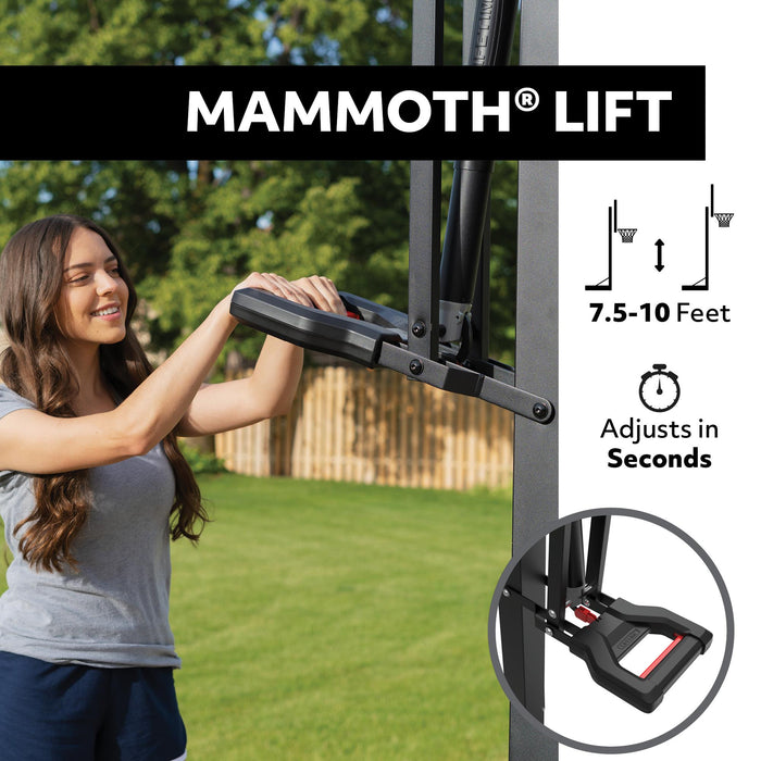 Young woman adjusting the height of the Lifetime Mammoth Basketball Hoop using the lift mechanism.