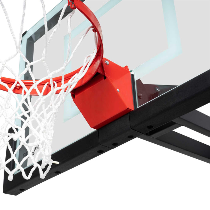Detailed view of the red rim and net on the Lifetime Mammoth Basketball Hoop.