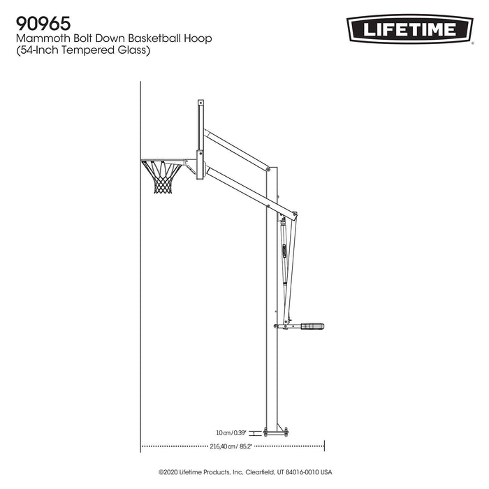Technical drawing of the Lifetime Mammoth Bolt Down Basketball Hoop, showing side view with dimensions
