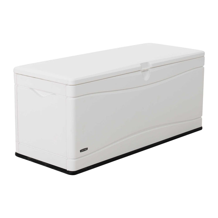  Front and side view of a white Lifetime Marine Dock Box, model 60348, against a white background.