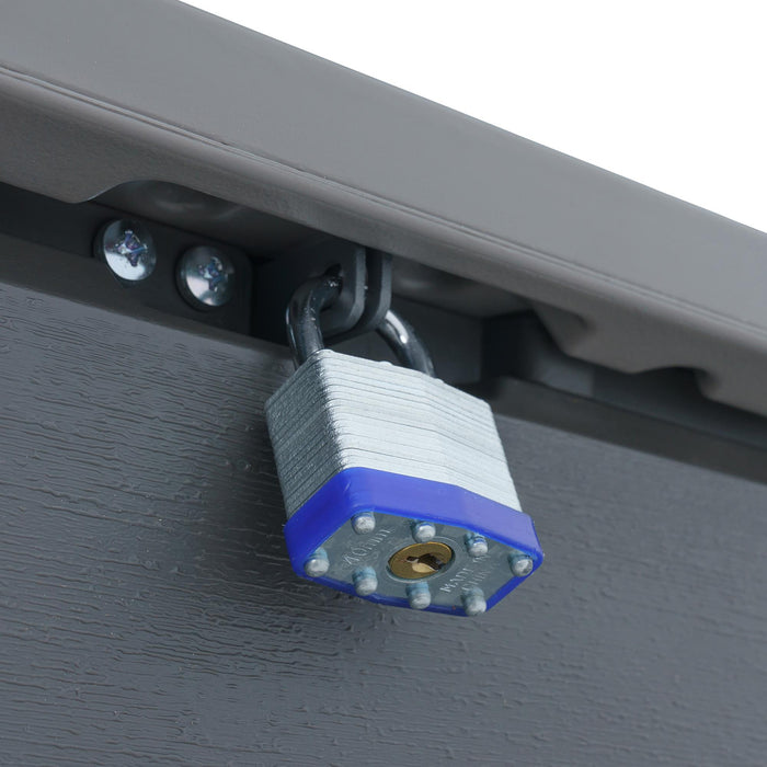Detailed image of the lockable lid feature on the Lifetime Modern Outdoor Storage Deck Box with a padlock in place.