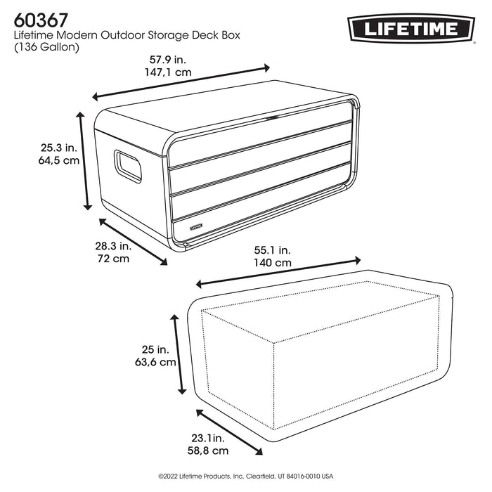 Technical drawing with dimensions of the Lifetime Modern Outdoor Storage Deck Box, indicating length, width, and height in inches and centimeters.