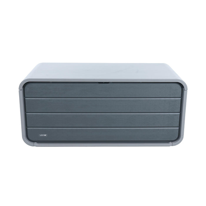 Front view of the Lifetime Modern Outdoor Storage Deck Box with a closed lid, displaying the sleek design and color.