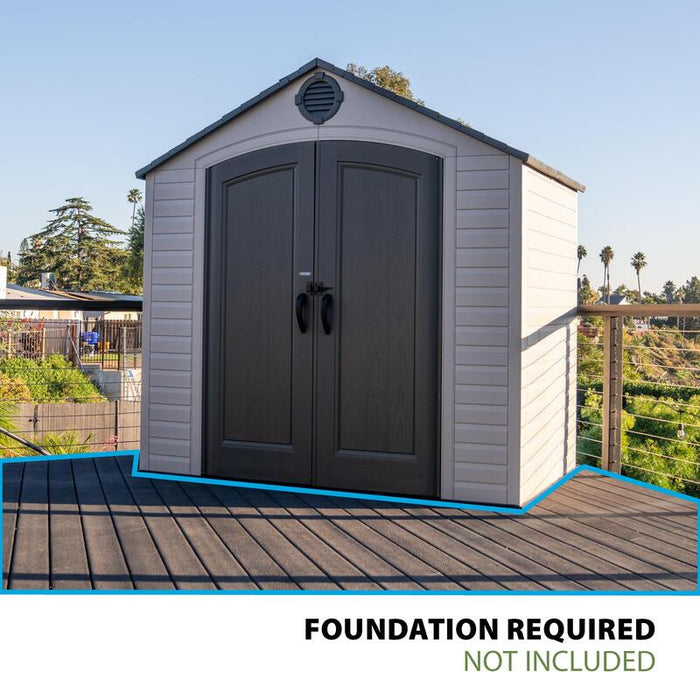 Lifetime 8 ft x 5 ft Outdoor Storage Shed installed on a deck with a highlighted area showing the foundation requirement.