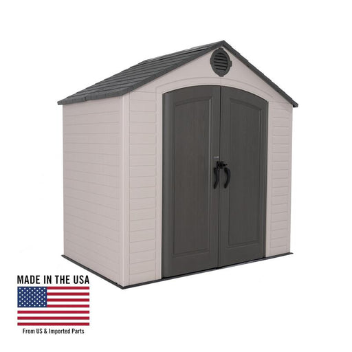 Front view of a Lifetime 8 ft x 5 ft Outdoor Storage Shed with gray doors and a beige body against a white background.