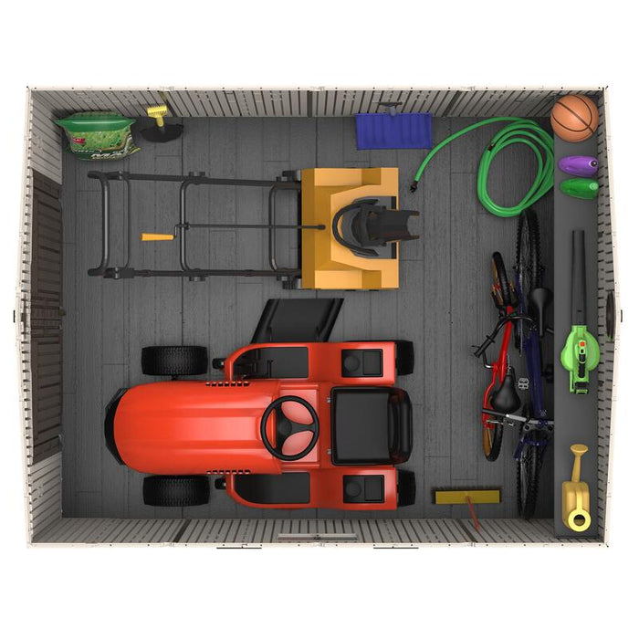 Interior view of the Lifetime 10 x 8 ft. Outdoor Storage Shed showing organization of tools, a lawn mower, and bicycles.