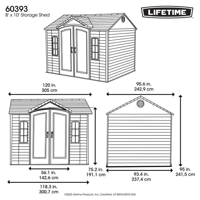 Technical drawing of the Lifetime 10 x 8 ft. Outdoor Storage Shed showing the dimensions of each side.