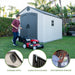 Collage image highlighting features of Lifetime outdoor storage shed including screened vents, slider latch locking mechanism, and a shatterproof window.