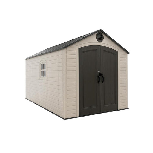 Studio shot of the front and side view of the Lifetime 8 ft x 12.5 ft Outdoor Storage Shed on a white background.