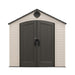 Studio shot of the front view of the Lifetime 8 ft x 12.5 ft Outdoor Storage Shed on a white background.