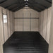 The interior of the Lifetime 8 ft x 12.5 ft Outdoor Storage Shed, showing the ceiling and walls.