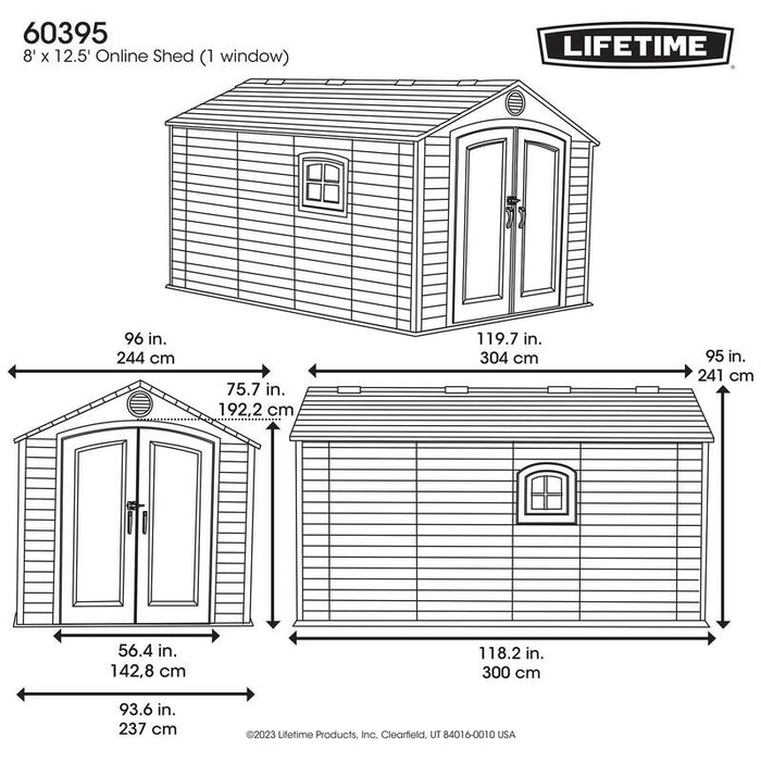 Line art illustration of the Lifetime 8 ft x 12.5 ft Outdoor Storage Shed with detailed dimensions, providing a clear visual guide for size and space requirements.