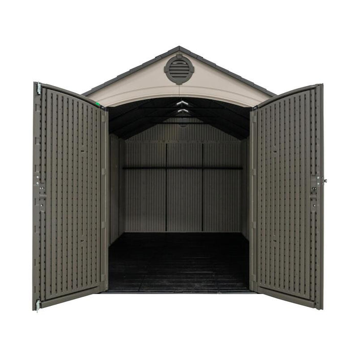 Opened Lifetime 8 ft x 12.5 ft Outdoor Storage Shed, showcasing the interior.