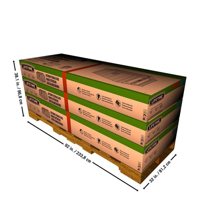 Rendered image showing the packaged dimensions of the Lifetime 8 ft x 12.5 ft Outdoor Storage Shed on a pallet, useful for understanding the shipping and storage size.